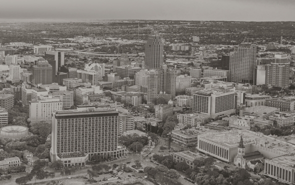 black and white view of a city